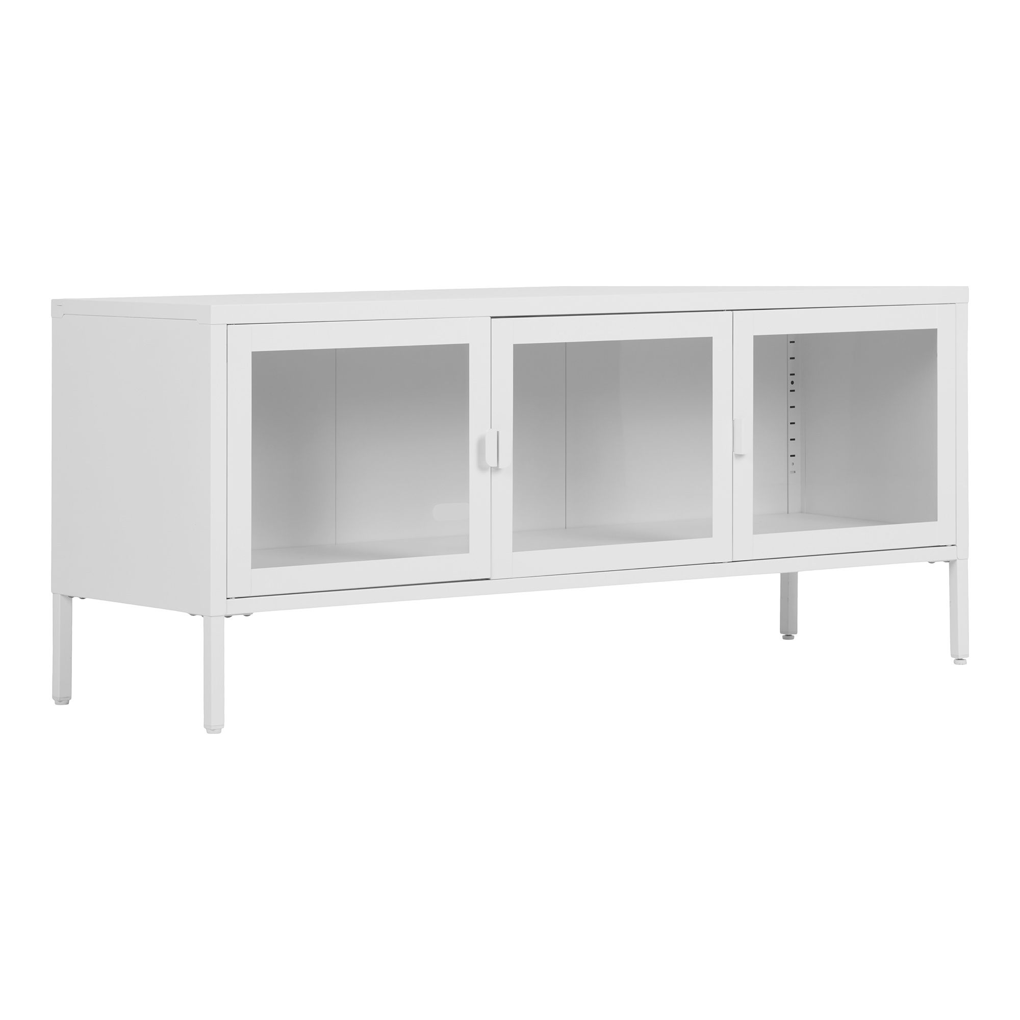 Szafka RTV 3-drzwiowa z przeszkleniem BRISBANE stalowa 130x40x55 cm - biała Szafka RTV 3-drzwiowa z przeszkleniem BRISBANE stalowa 130x40x55 cm - biała