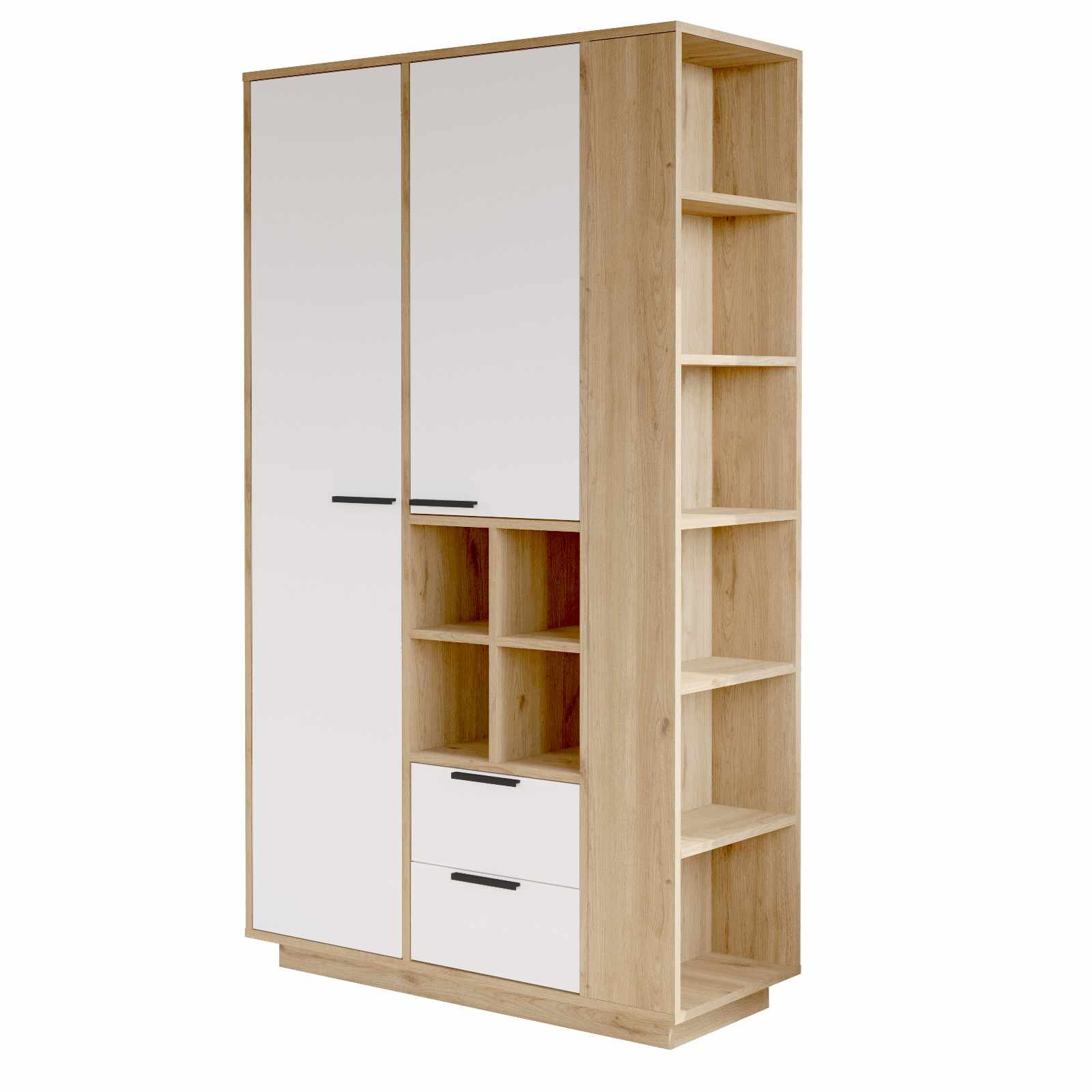 Szafa 2-drzwiowa FR1-SW z 2 szufladami i półkami 110 cm biała efekt drewna Szafa 2-drzwiowa FR1-SW z 2 szufladami i półkami 110 cm biała efekt drewna