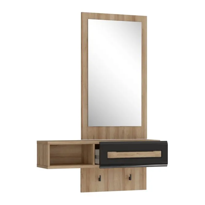 Panel ścienny z lustrem i szufladą ATTENTION 136 cm Dąb Riviera czarny Panel ścienny z lustrem i szufladą ATTENTION 136 cm Dąb Riviera czarny