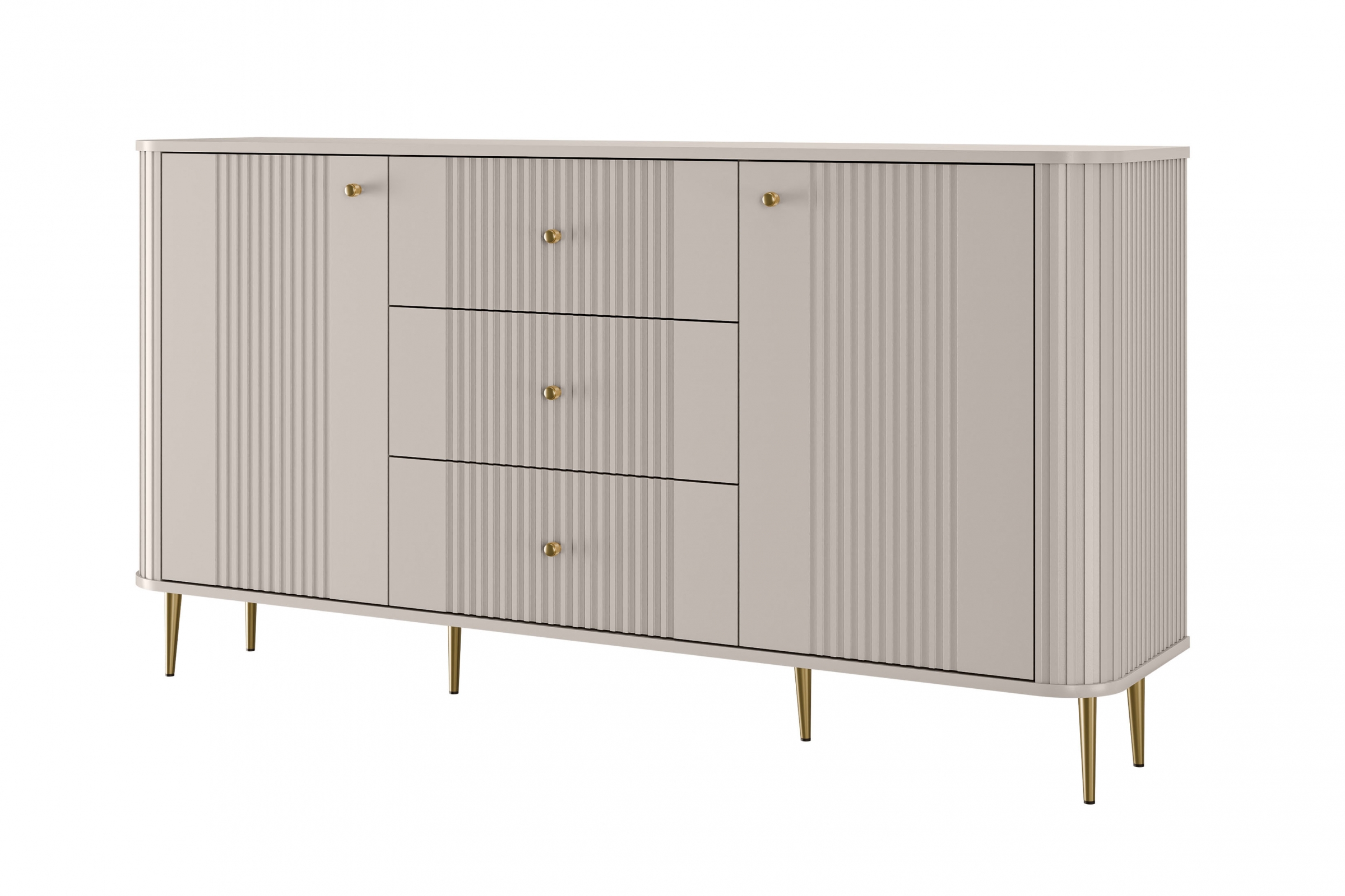 Komoda 2-drzwiowa z 3 szufladami VESPER 160 ryflowany front cashmere złote nogi Komoda 2-drzwiowa z 3 szufladami VESPER 160 ryflowany front cashmere złote nogi