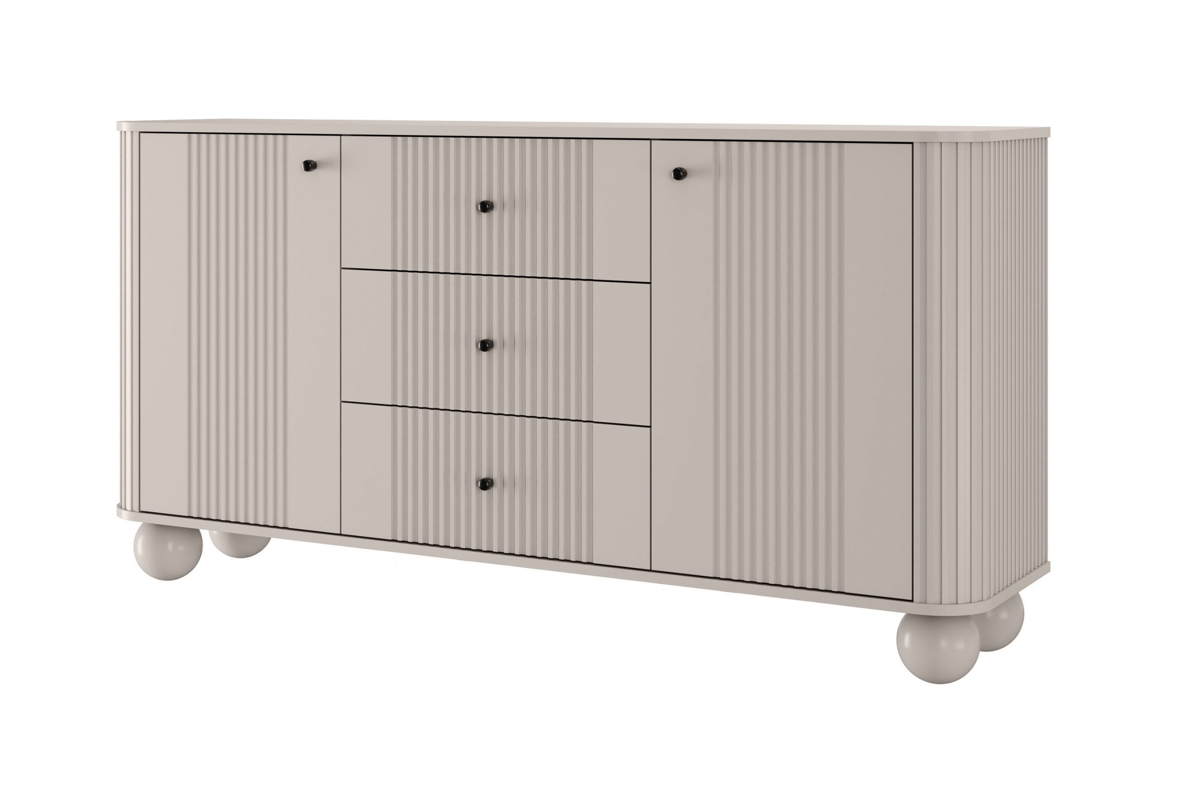 Komoda 2-drzwiowa z 3 szufladami VESPER 160 ryflowany front cashmere czarne uchwyty nogi kule