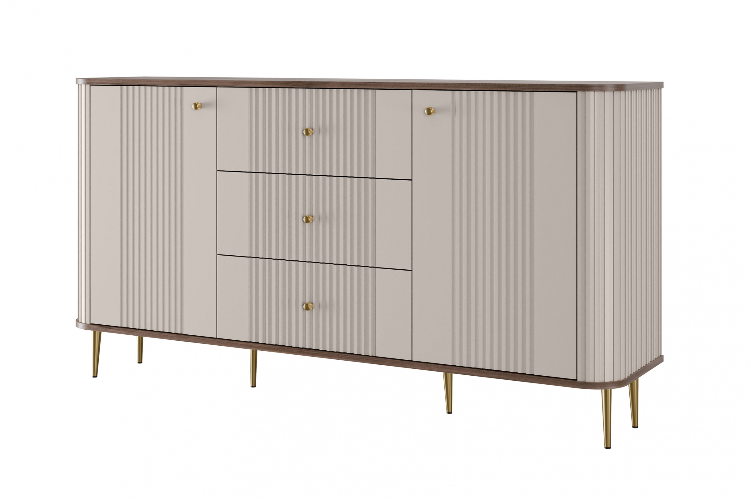 Komoda 2-drzwiowa z 3 szufladami VESPER 160 ryflowany front cashmere orzech złote nogi