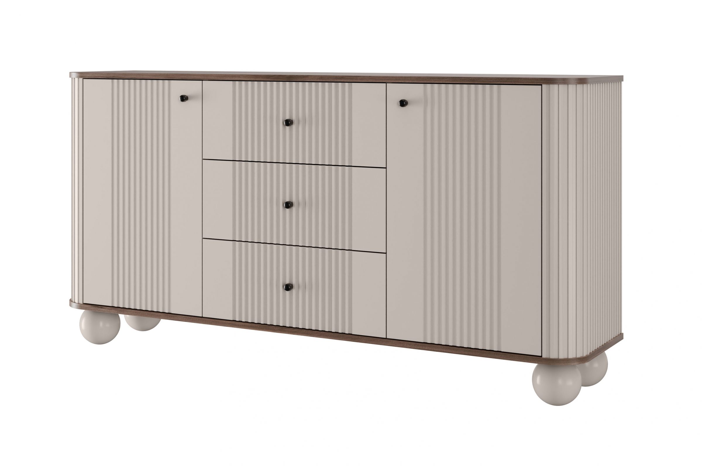 Komoda 2-drzwiowa z 3 szufladami VESPER 160 ryflowany front cashmere orzech czarne uchwyty nogi kule