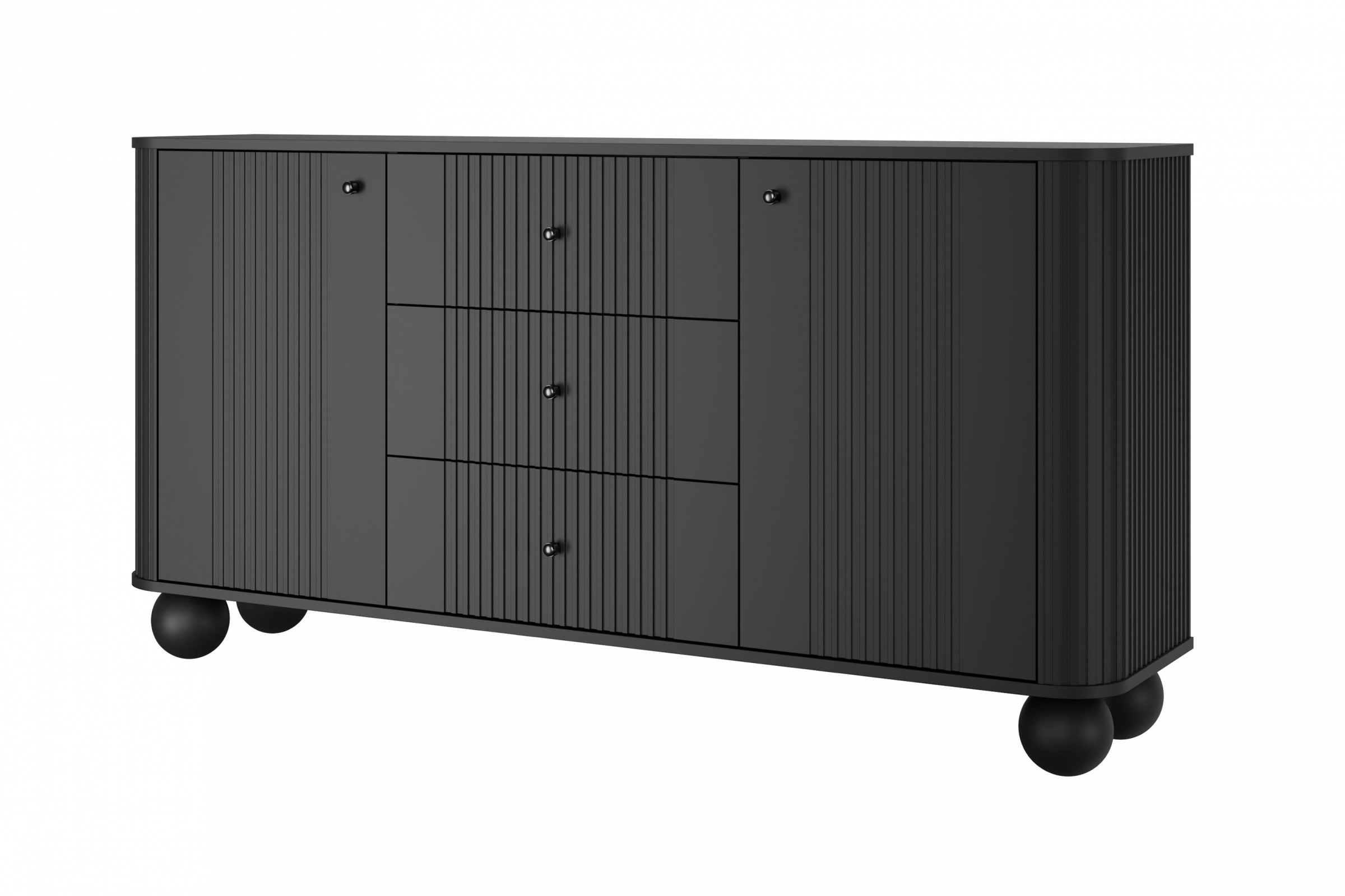 Komoda 2-drzwiowa z 3 szufladami VESPER 160 ryflowany front czarny nogi kule