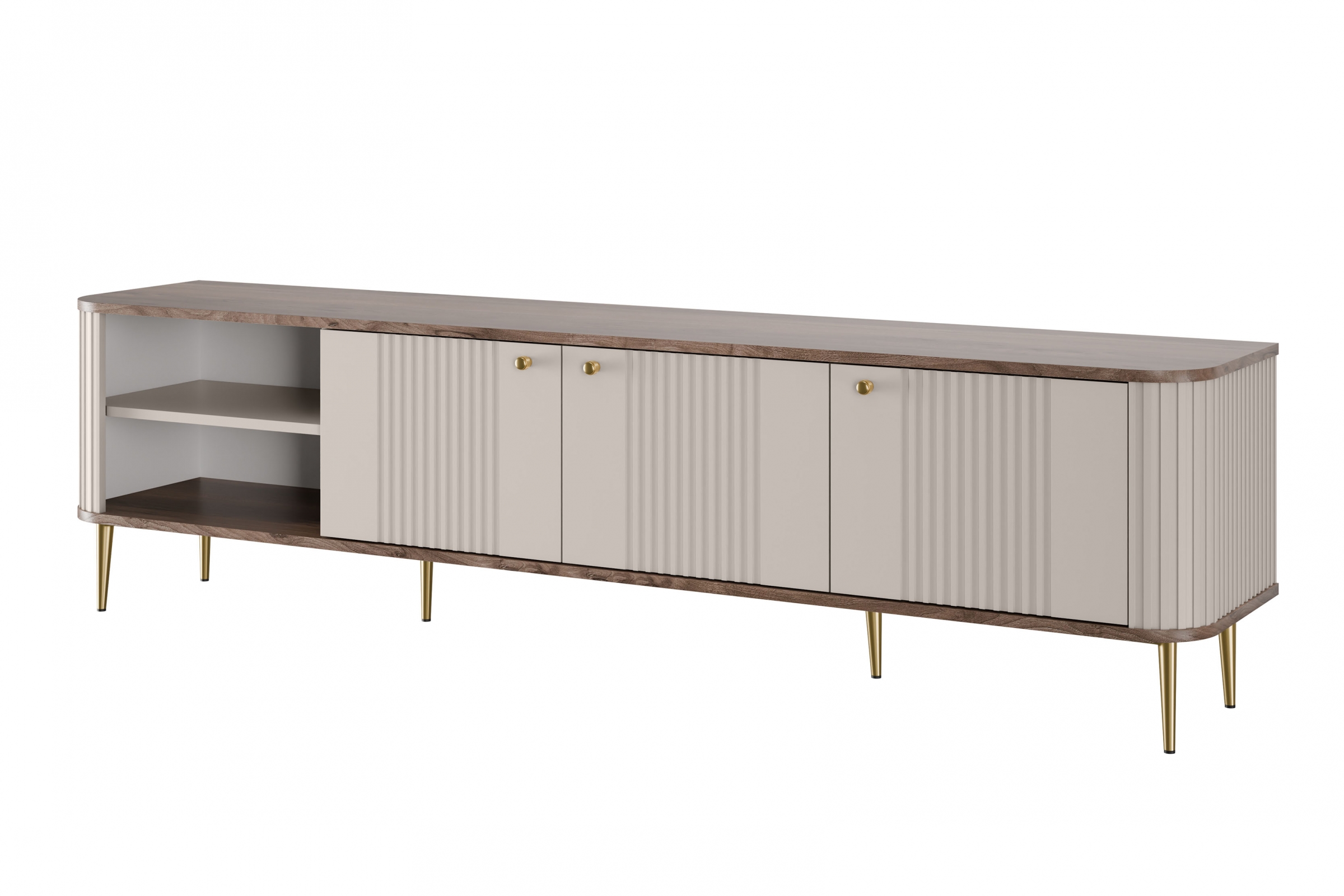 Szafka RTV 3-drzwiowa VESPER RTV 187 ryflowany front cashmere orzech złote nogi Szafka RTV 3-drzwiowa VESPER RTV 187 ryflowany front cashmere orzech złote nogi