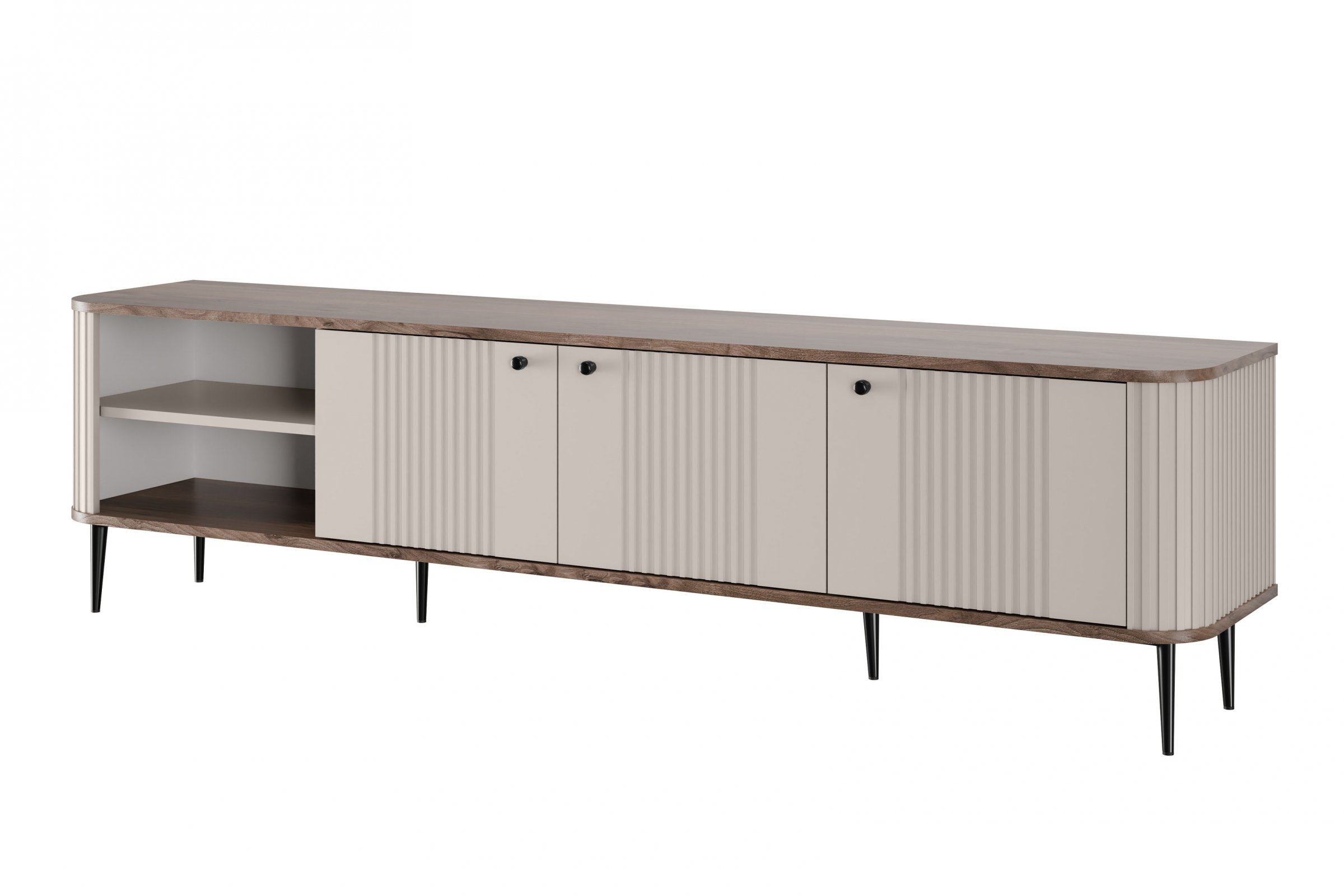 Szafka RTV 3-drzwiowa VESPER RTV 187 ryflowany front cashmere orzech czarne nogi