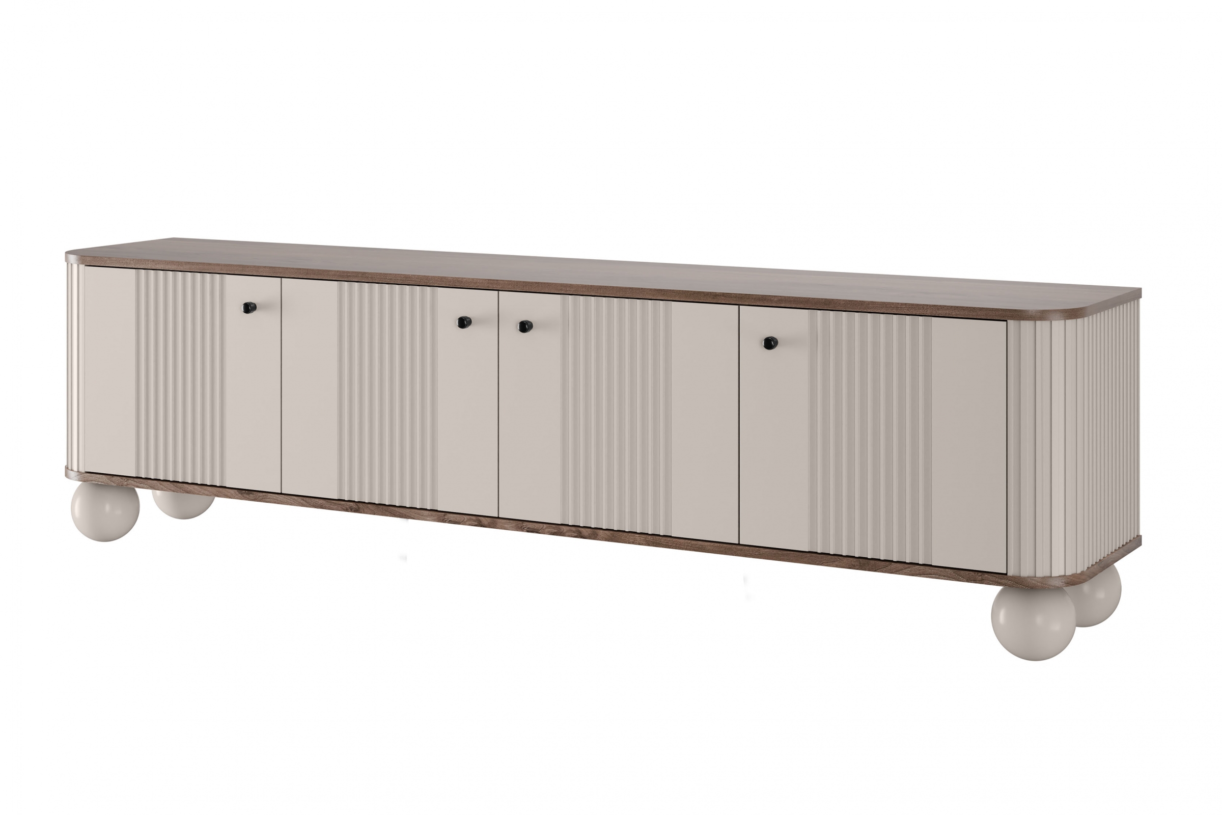 Szafka RTV 4-drzwiowa VESPER RTV 187 ryflowany front cashmere orzech czarne uchwyty nogi kule