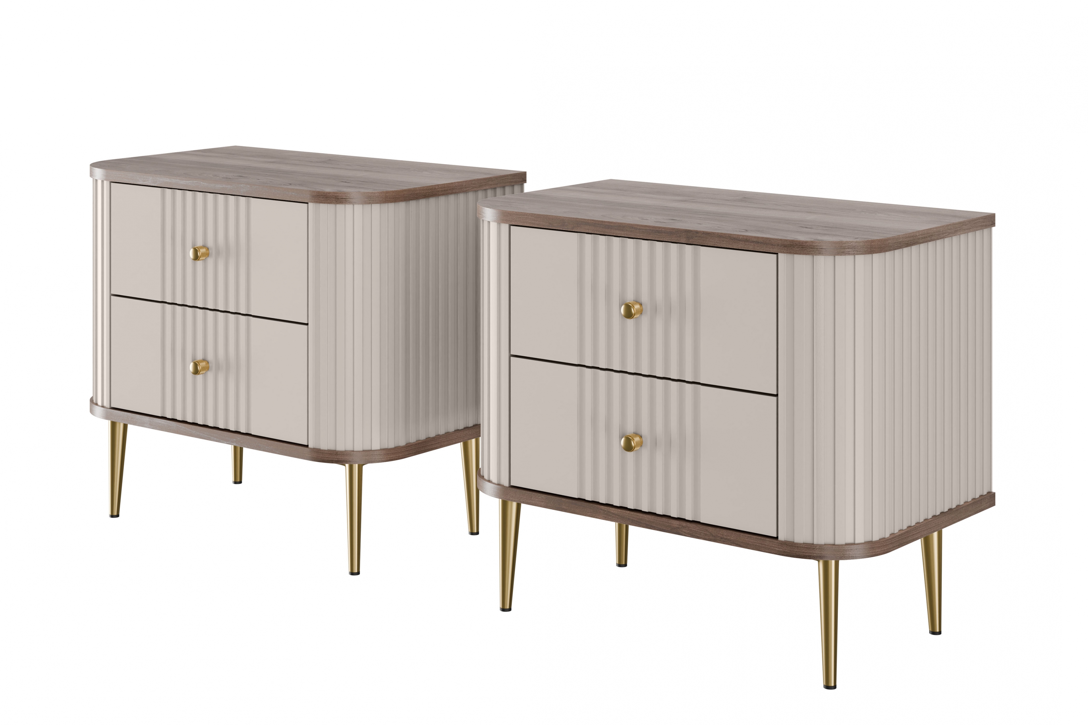 Szafka nocna z 2 szufladami VESPER 56 zestaw 2 sztuk ryflowany front cashmere mdf orzech złote nogi