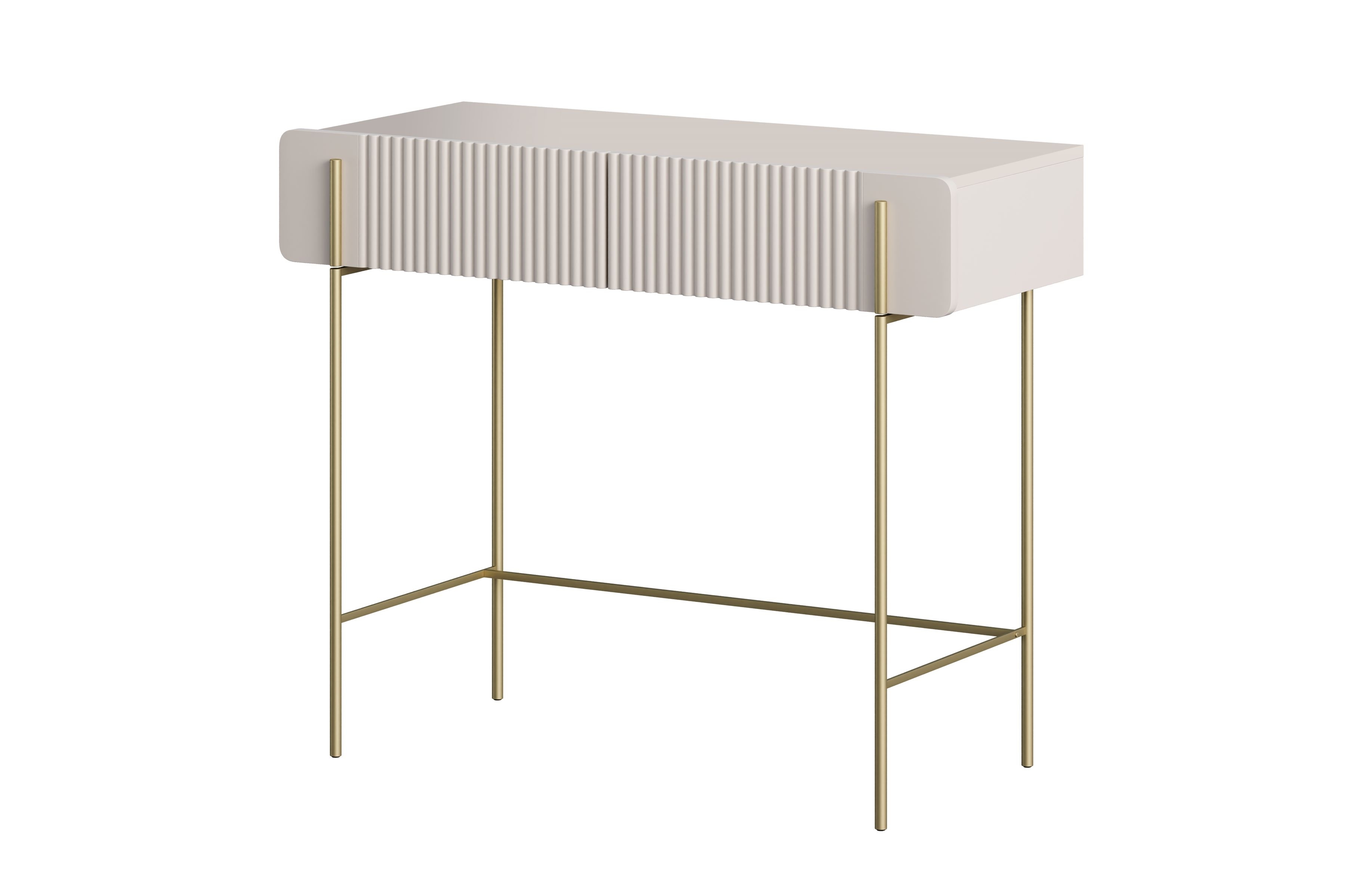 Toaletka z 2 szufladami MALMI ryflowany front 100cm - kaszmirowa - złoty stelaż