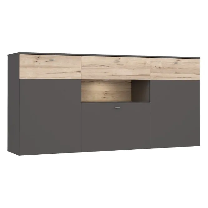 Komoda 3-drzwiowa COMO z 3 szufladami LED 195 cm Uni Wolfram Szary deska dębowa