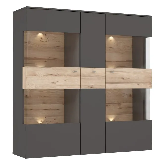 Witryna 3-drzwiowa COMO 150 cm LED Uni Wolfram Szary Deska Dębowa Witryna 3-drzwiowa COMO 150 cm LED Uni Wolfram Szary Deska Dębowa