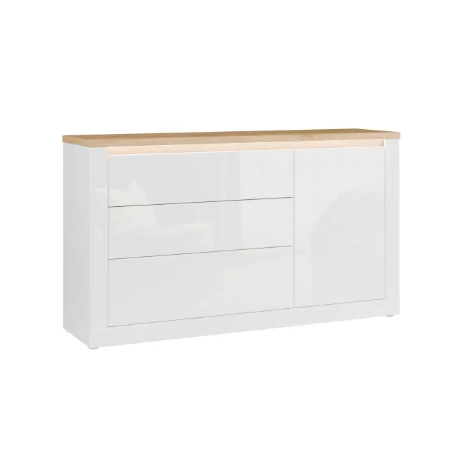 DURAOAK Komoda 1-drzwiowa z 3 szufladami DURAOAK 156 cm LED Biały połysk Dąb dziki naturalny DURAOAK Komoda 1-drzwiowa z 3 szufladami DURAOAK 156 cm LED Biały połysk Dąb dziki naturalny
