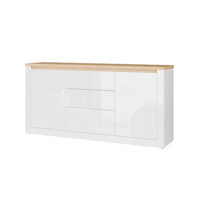 DURAOAK Komoda 2-drzwiowa z 3 szufladami DURAOAK 181 cm LED Biały połysk Dąb dziki naturalny DURAOAK Komoda 2-drzwiowa z 3 szufladami DURAOAK 181 cm LED Biały połysk Dąb dziki naturalny