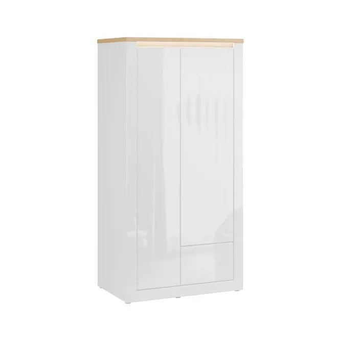 Szafa 2-drzwiowa z szufladą DURAOAK 96 cm LED Biały połysk Dąb dziki naturalny Szafa 2-drzwiowa z szufladą DURAOAK 96 cm LED Biały połysk Dąb dziki naturalny