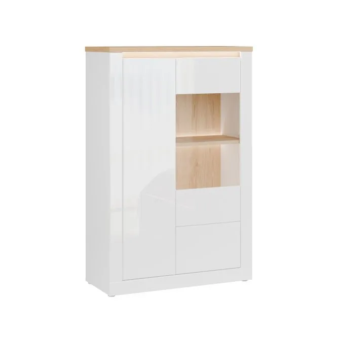 Witryna niska 2-drzwiowa z szufladą DURAOAK W147 SZ96 cm LED Biały połysk Dąb dziki naturalny Witryna niska 2-drzwiowa z szufladą DURAOAK W147 SZ96 cm LED Biały połysk Dąb dziki naturalny