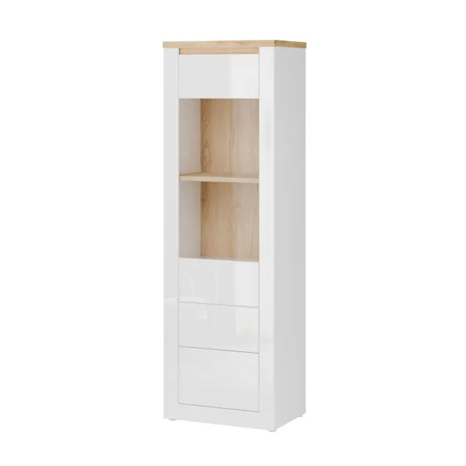 Witryna 1-drzwiowa z 2 szufladami DURAOAK L/P 62 cm LED Biały połysk Dąb dziki naturalny Witryna 1-drzwiowa z 2 szufladami DURAOAK L/P 62 cm LED Biały połysk Dąb dziki naturalny