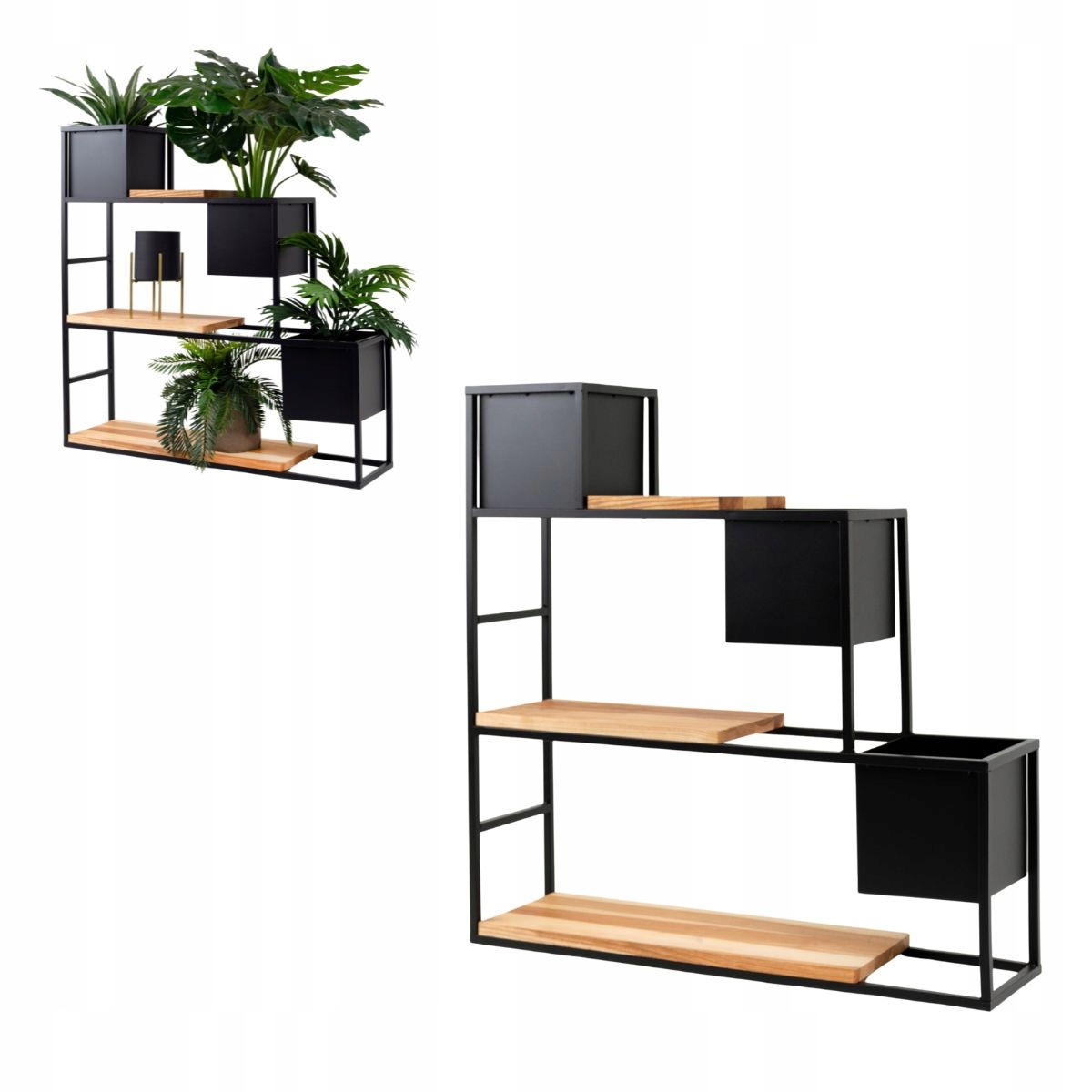Kwietnik z regałem LYON S 90x23x90 metal drewno czarny naturalny