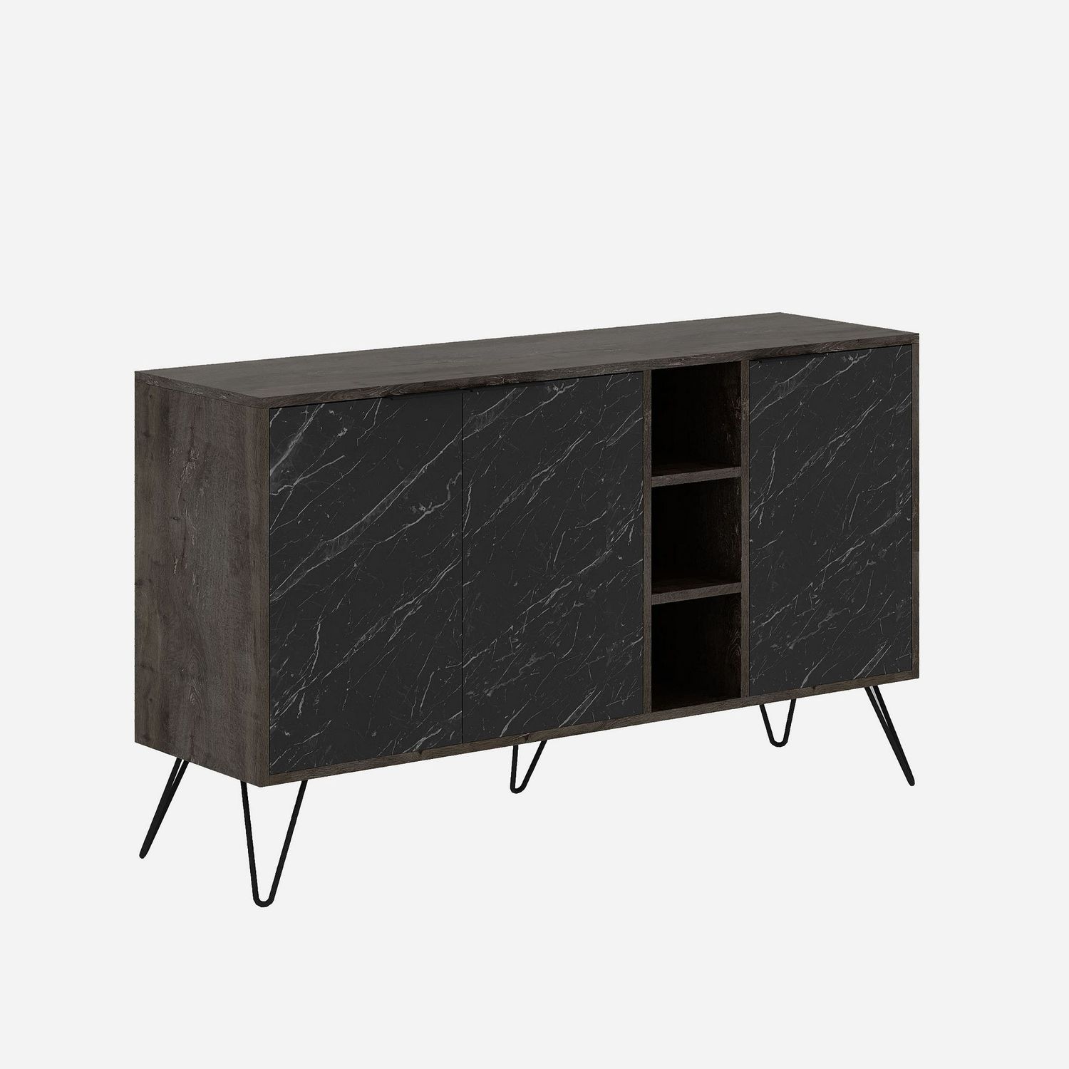 Komoda 3-drzwiowa z wnęką CLARA 142x36 cm ciemny brąz czarny efekt kamienia