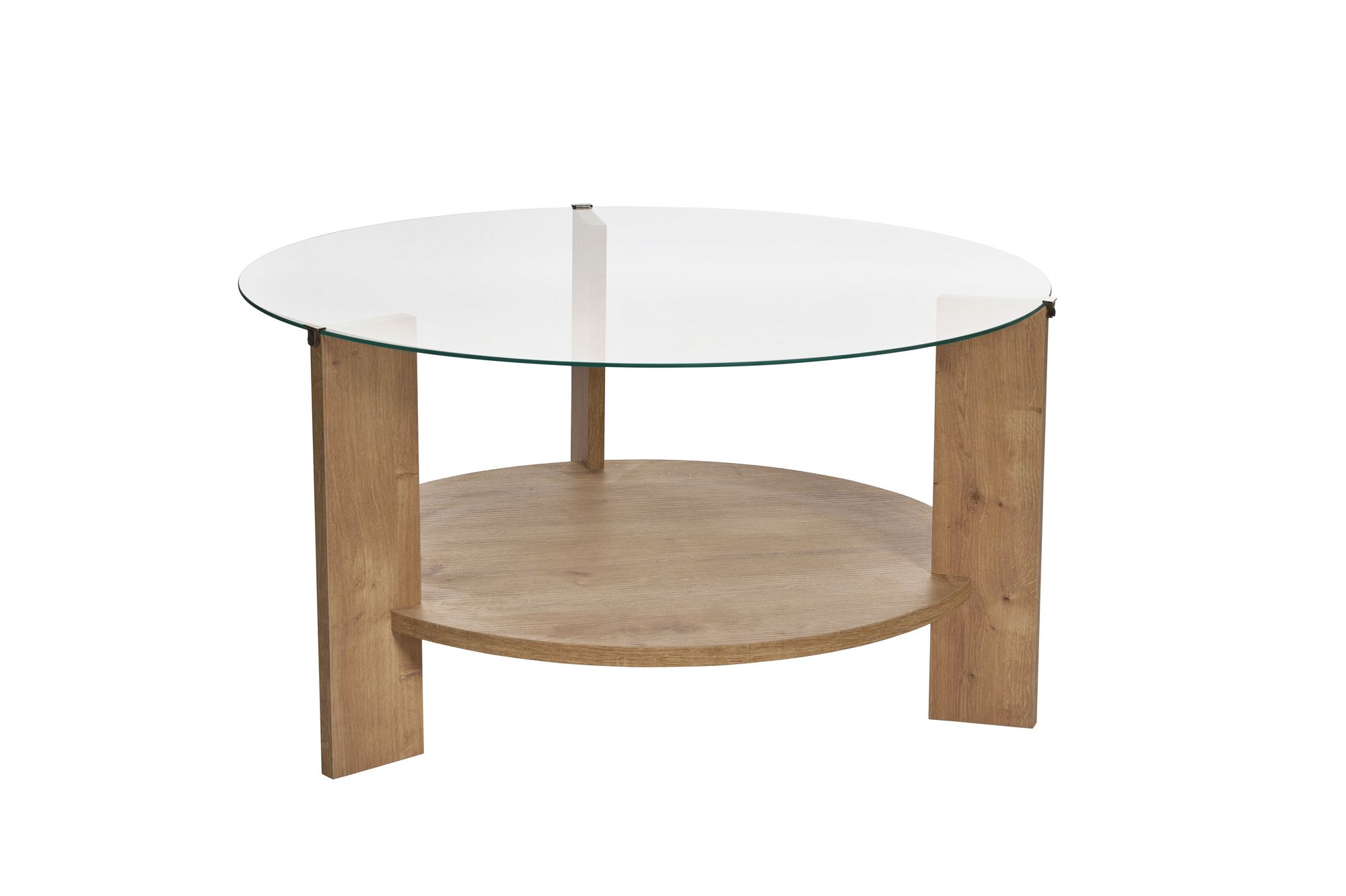 Stolik kawowy okrągły z półką CLARA 75 cm dąb sapphire blat transparentny
