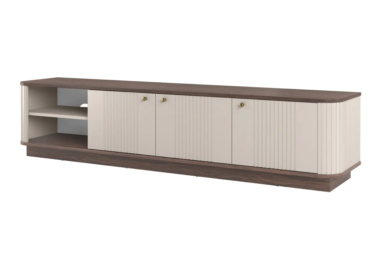 Szafka RTV 3-drzwiowa VESPER ryflowany front - cashmere orzech złote uchwyty cokół Szafka RTV 3-drzwiowa VESPER ryflowany front - cashmere orzech złote uchwyty cokół