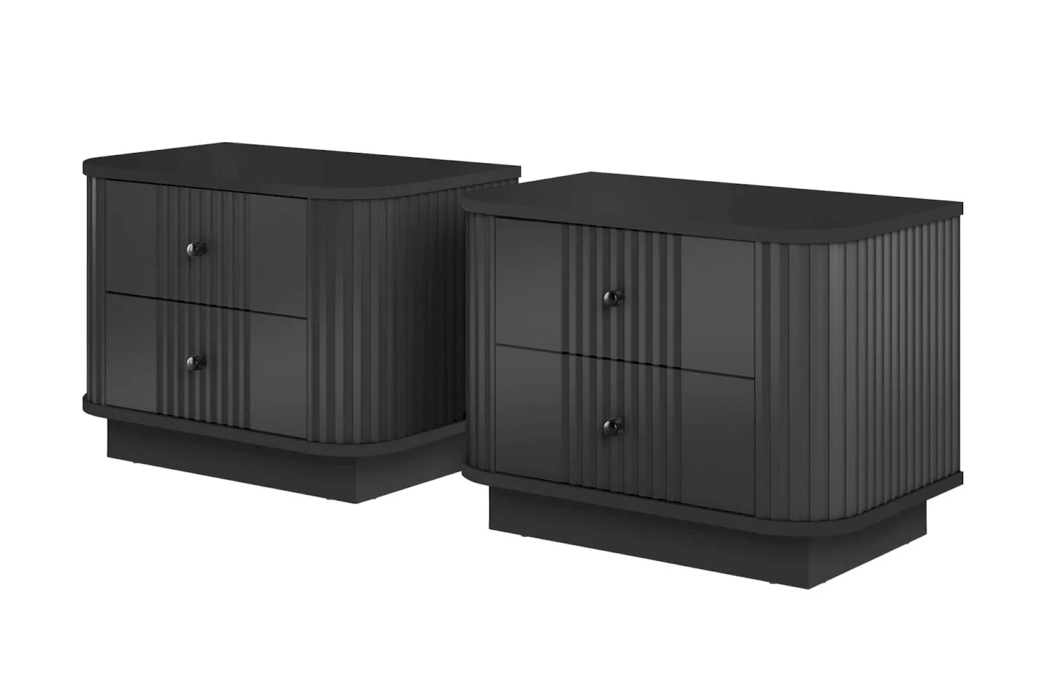 Zestaw szafka nocna z 2 szufladami VESPER 2-set ryflowany front - czarny czarne uchwyty cokół