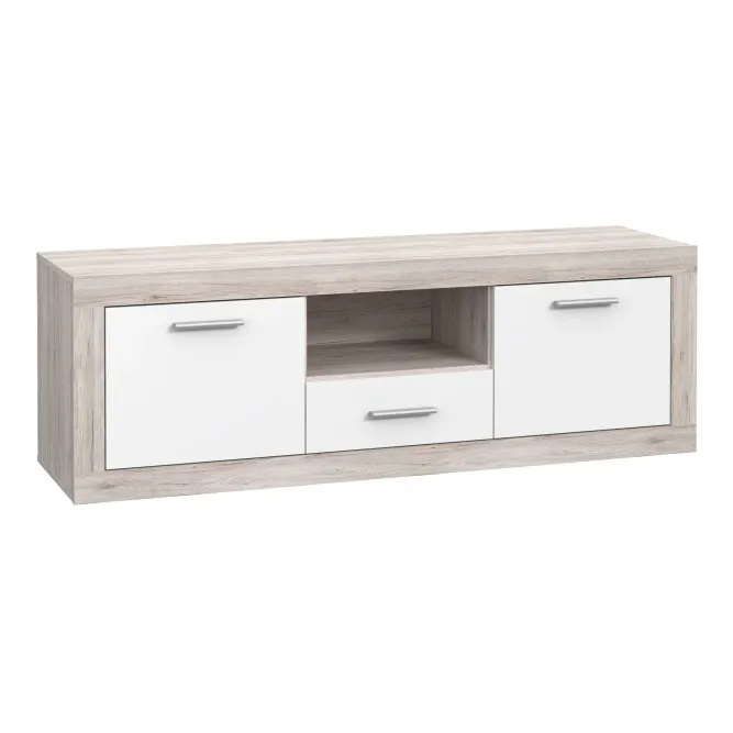 Szafka RTV 2-drzwiowa z szufladą BACCIO 148 cm dąb piaskowy biały Szafka RTV 2-drzwiowa z szufladą BACCIO 148 cm dąb piaskowy biały
