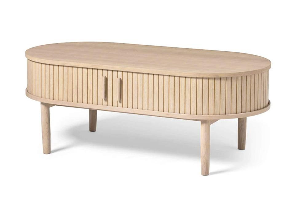 Stolik kawowy owalny META z półką i lamelami 60x120 cm dąb biały