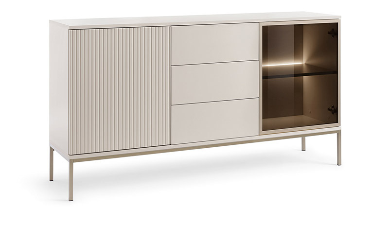 Komoda z 3 szufladami przeszkleniem i oświetleniem SENTO 1 pkt. LED cashmere