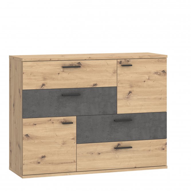 Komoda SKIVE 2-drzwiowa z 4 szufladami - dąb artisan, efekt betonu Komoda SKIVE 2-drzwiowa z 4 szufladami - dąb artisan, efekt betonu