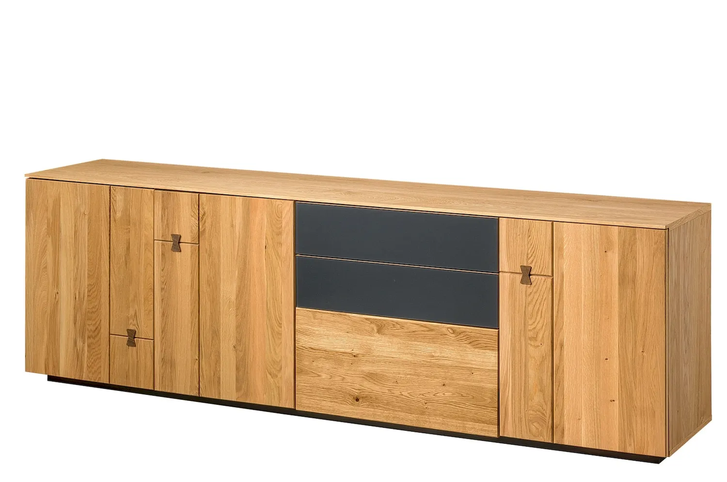 Szafka RTV 3-drzwiowa z 3 szufladami MINURA 25 dąb natura sękaty/lacobel grafit Szafka RTV 3-drzwiowa z 3 szufladami MINURA 25 dąb natura sękaty/lacobel grafit