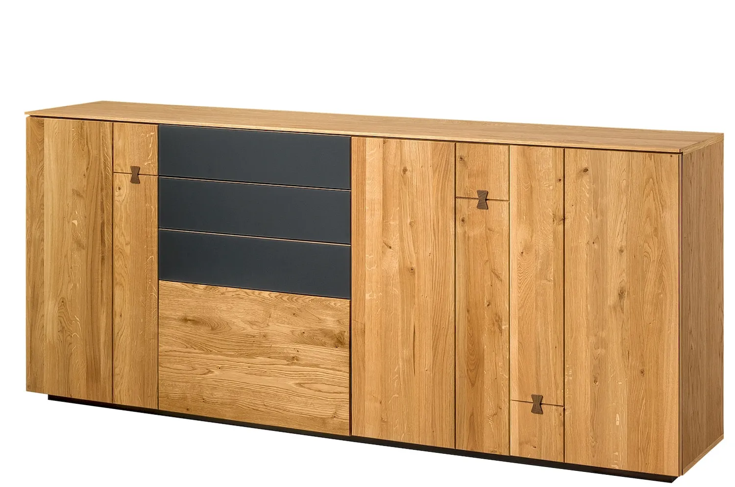 Komoda 3-drzwiowa z 4 szufladami MINURA 195 cm dąb natura sękaty lacobel grafit