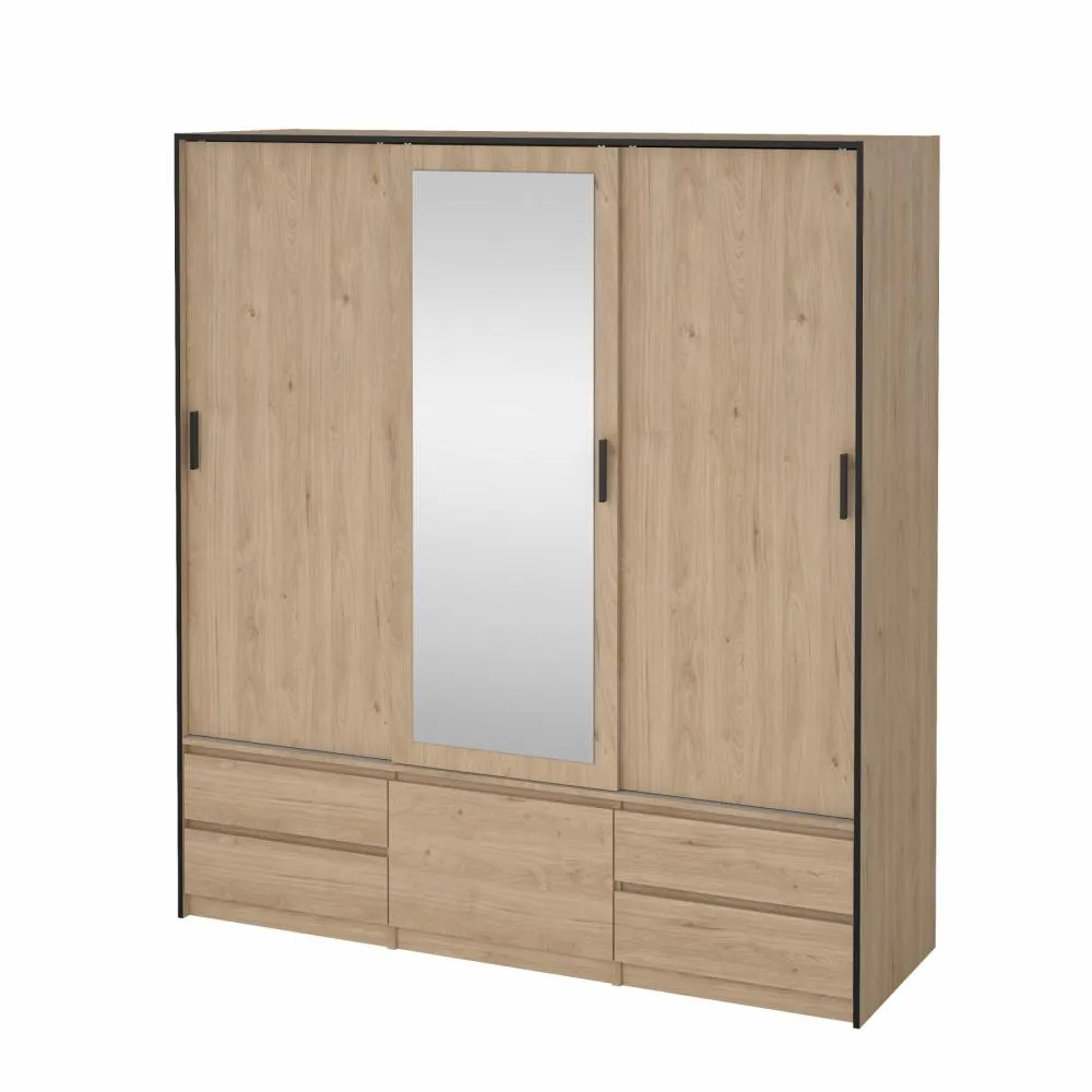 Szafa przesuwna 3-drzwiowa z 4 szufladami i lustrem LINE 180 cm Jackson Hickory Szafa przesuwna 3-drzwiowa z 4 szufladami i lustrem LINE 180 cm Jackson Hickory